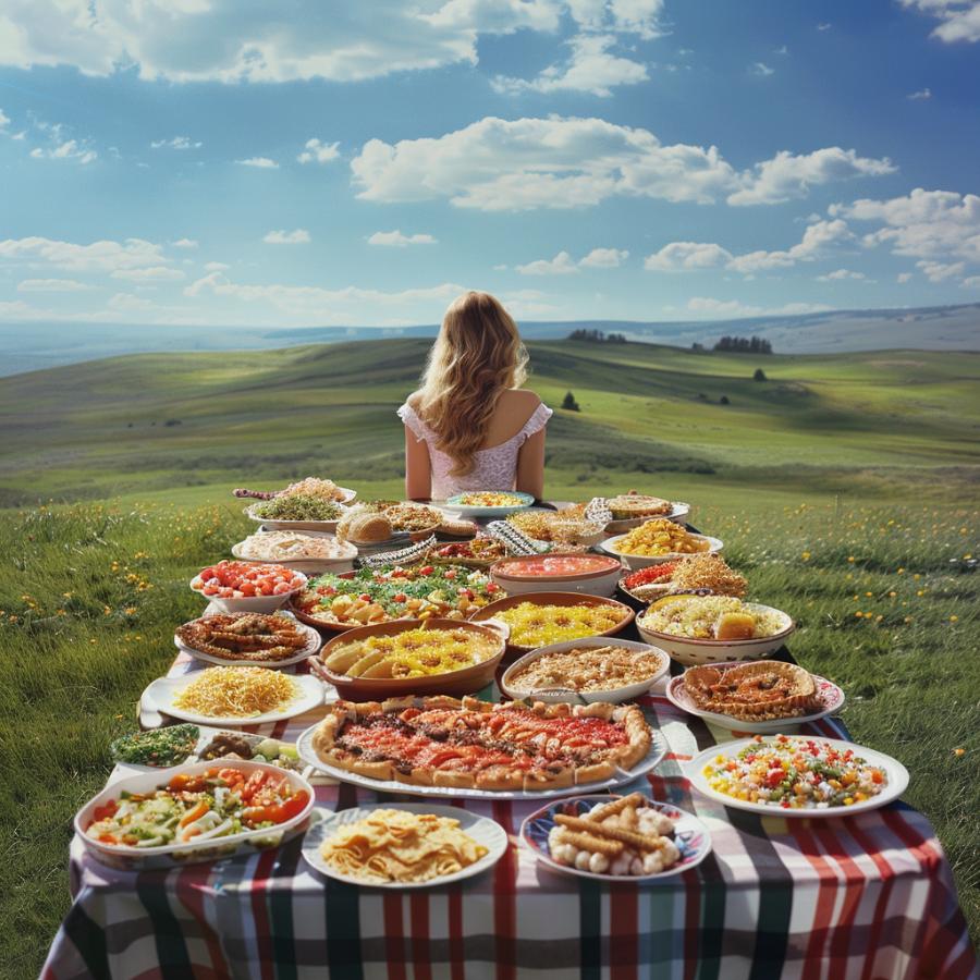 A woman alone outside eating her loneliness away with lots of delicious food for company.